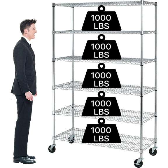6-Tier Heavy Duty Commercial Shelving Unit - 6000lb Capacity Steel Wire Rack with Wheels, Adjustable NSF Garage Storage Shelf, Black (48" L x 18" W x 72" H), Chrome