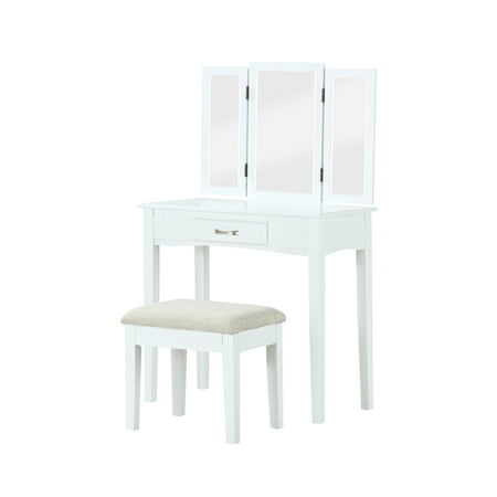 - Tri-Fold Mirror Vanity with Upholstered Stool, Multiple Colors