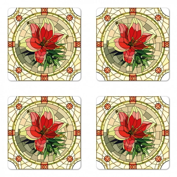 Floral Coaster Set Of 4 Vector Antique Glass Image Flower Lily Like Design With Leaves And Buds Artwork Square Hardboard Gloss Coasters Standard Size Multicolor By Ambesonne Walmart Com Walmart Com