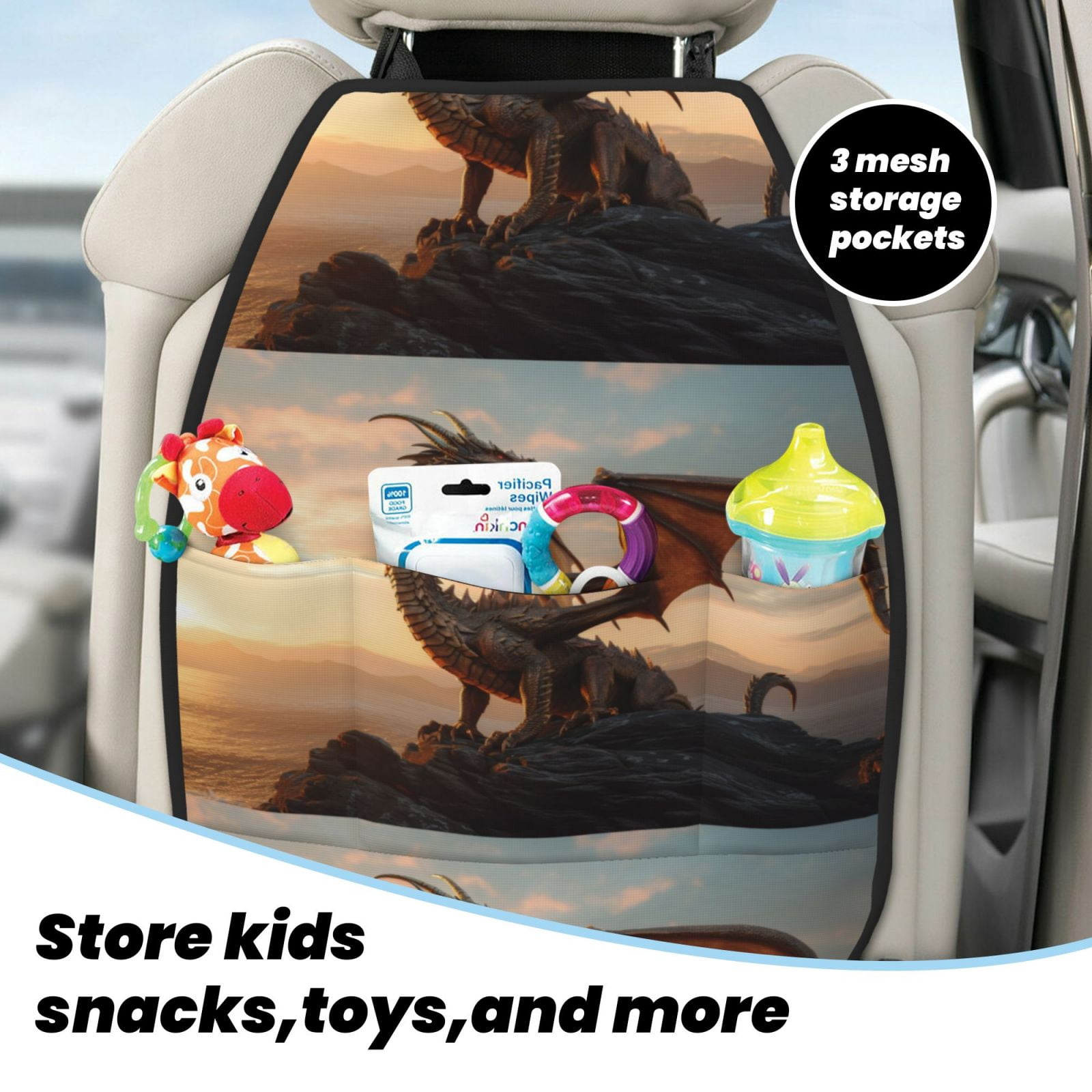 Xecao Sky Sunset Bronze Dragon Pattern Car Seat Back Protector 2 Pack Large Capacity Pocket, Kick Mats Back Seat Protector