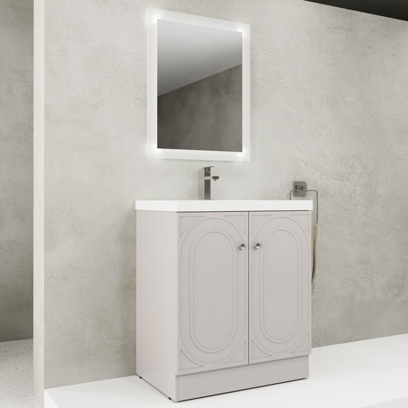 30" Freestanding Bath Vanity With Resin Sink. Contemporary Design. Door Units. Spacious Storage. Metal Handles. Strong Plywood. Khaki Illuminating White Basin. Modern Soft-close Doors. Glow