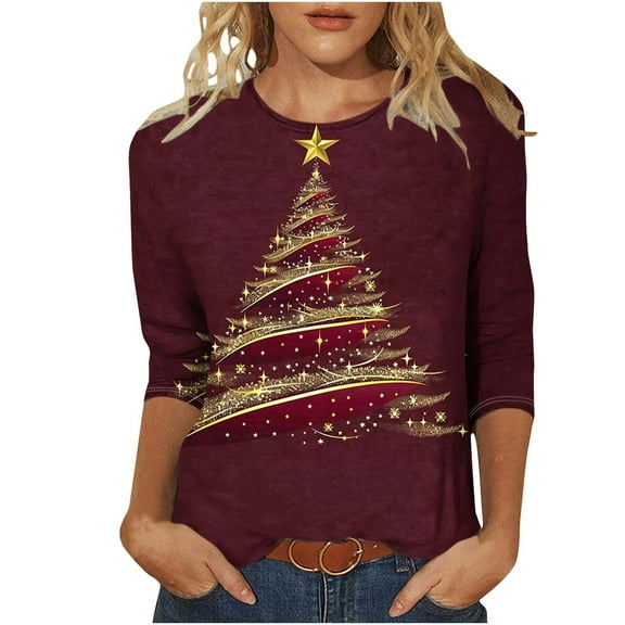 Womens Casual Christmas 3/4 Sleeve Tee Shirts Sweatshirt Hoodies Pullover Sweaters Long Sleeve Zip Up Sweatshirt Hoodless Fall Tops
