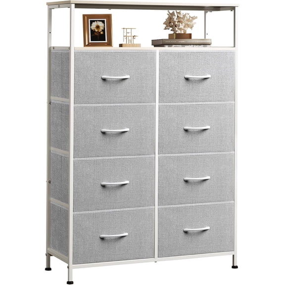 Neatifyes Fabric Dresser for Bedroom with Open Shelves, Tall Dresser with 8 Drawers, Storage Tower with Fabric Bins, Chest of Drawers for Closet, Living Room, Hallway, Light Gray
