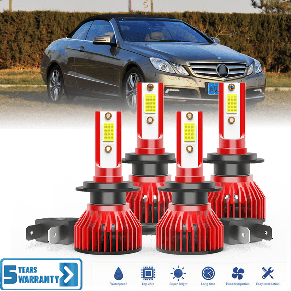 Fit for Mercedes Benz E350 2006-2016 – H7 H7LL LED Headlight Combo 4 Pack, 6,500K Cool White 30,000LM Super Bright, Premium LED High Low Beam Lamp Upgrade Set