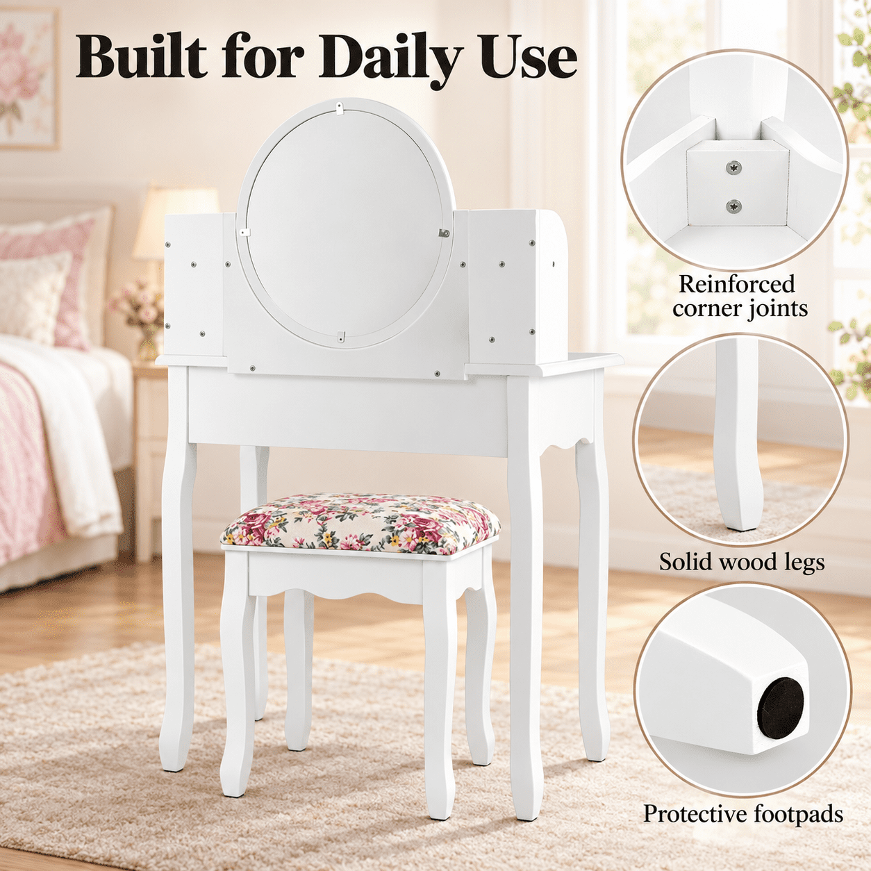 Furnibear Makeup Vanity Table Set Girls Dressing Table with 360-Degree Round Mirror 4 Drawers Cushioned Stool, White