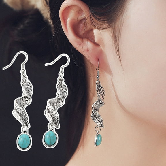 Soumake 1 Pair Women Hanging Earrings Retro Anti-Allergy Bohemian Style Swirling Feather Shape Electroplated Faux Turquoise Ear Jewelry Prom Party Long Hook Earrings Dangle Earrings