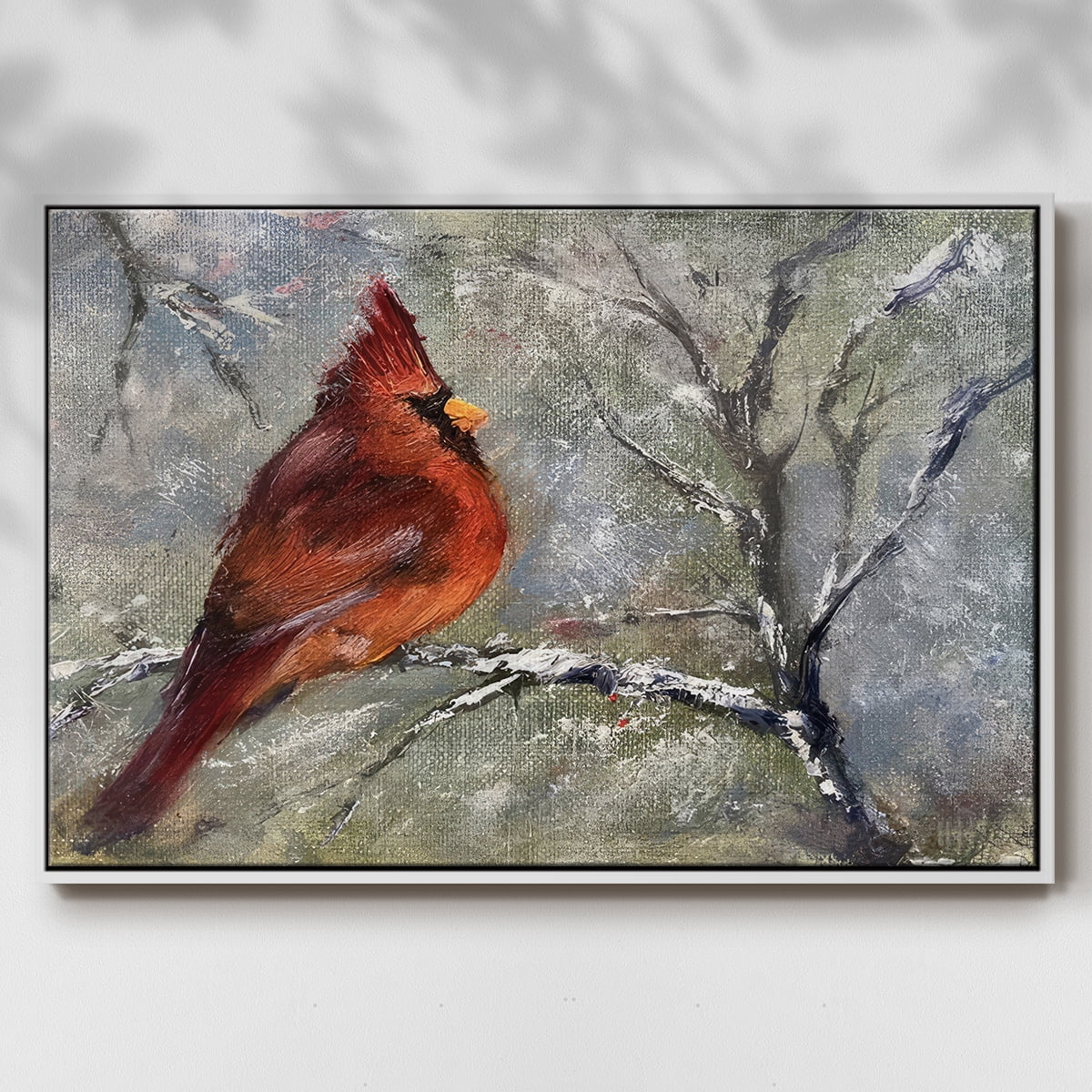 Cardinal in Snow II - Framed Gallery Wrapped Holiday Canvas - 25 x 37 - White Frame