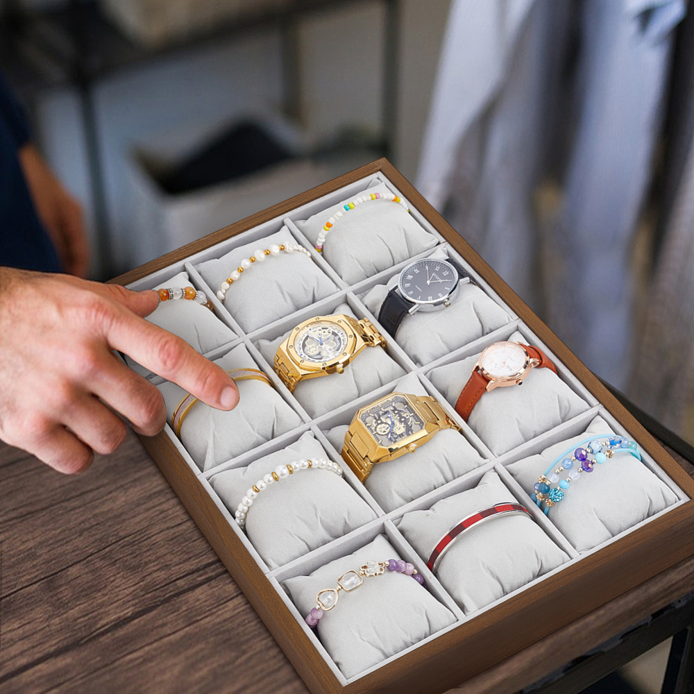 Velvet Watch Tray 12 Grid Watch Organizer Jewelry Tray Camel Stackable Bracelet Bangle Display Case Holder Jewelry Show Trays with Adjustable Pillow for Men Women Bracelet Bangle Watches DIY