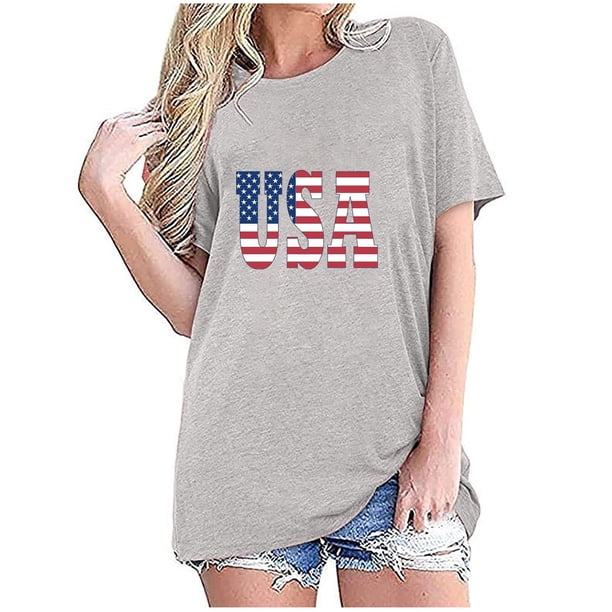 Tops Cortos para Mujeres Bandera de Moda Impresa Cuello Redondo, Camiseta de Manga 3/4 para Uso Diario, Casero Y Cómodo