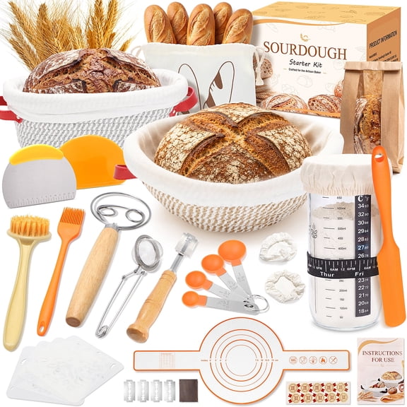 YuronHome Sourdough Starter Kit, 52 Pcs Bread Making Kit，Complete Sourdough Bread Baking Supplies Set with Round & Oval Bread Proofing Baskets, Perfect Gifts for Beginners & Home Bakers