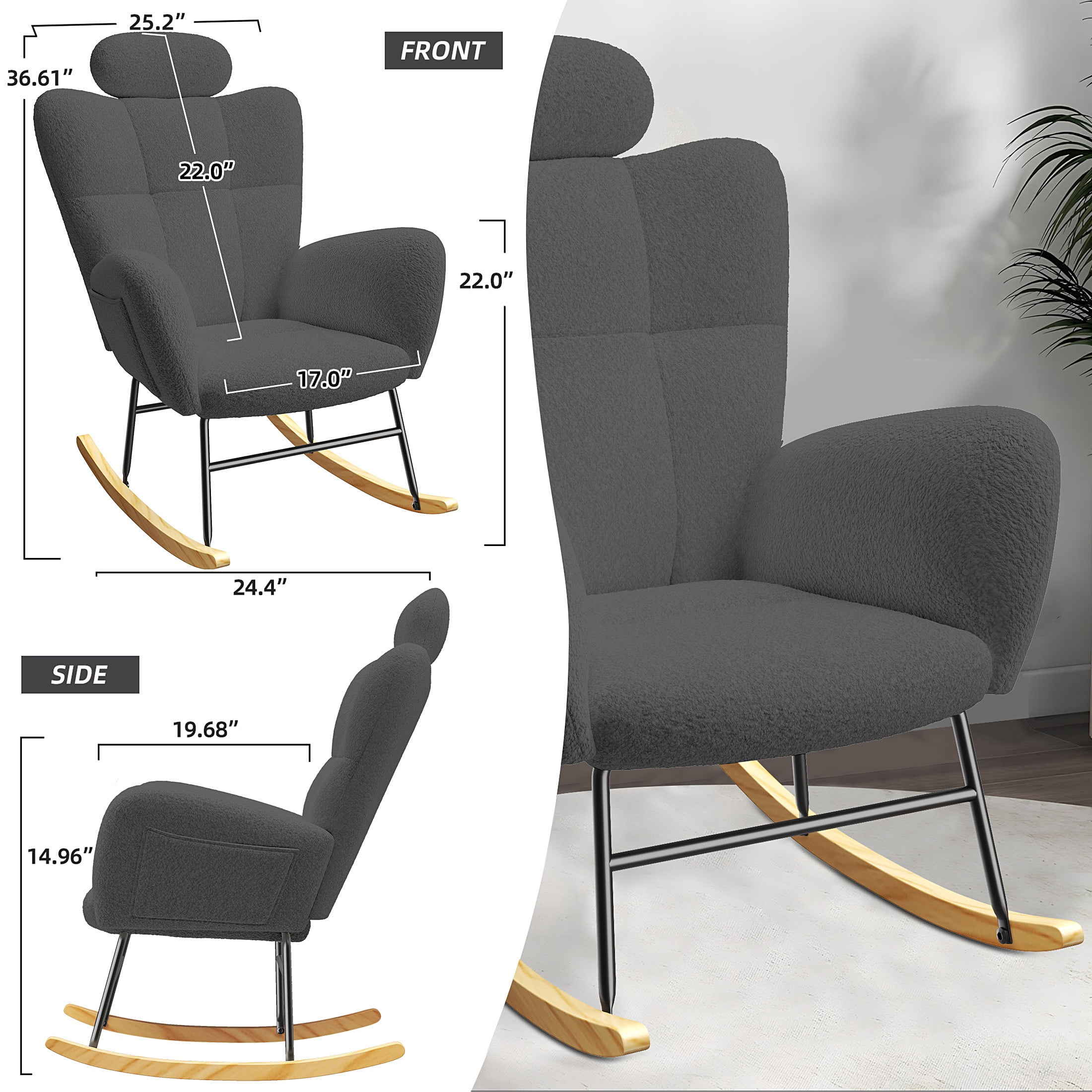 UHOMEPRO Modern Teddy Fabric Rocking Chair, Accent Rocker Chair with High Backrest, Accent Glider Rocker for Living Room Bedroom Playroom, Gray