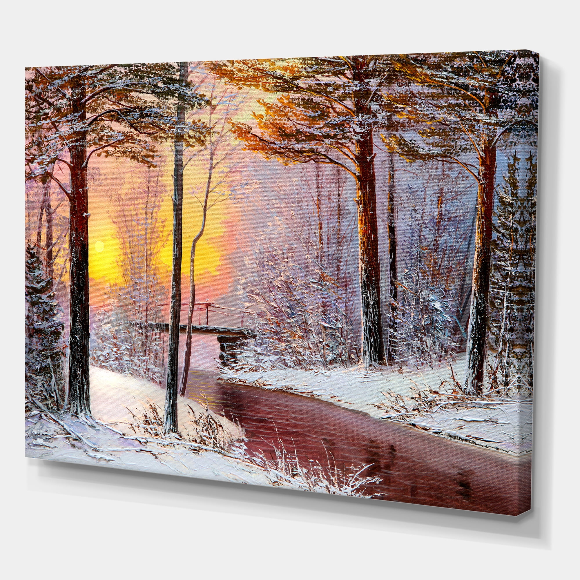Designart ' Christmas Forest With Trees and River IV ' Traditional Canvas Wall Art Print