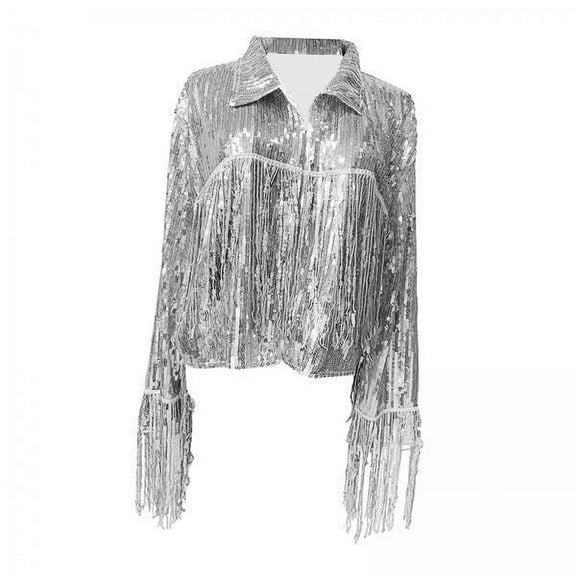 Milageto 3x Women's Sequin Jacket Breathable Sparkling Long Sleeve Open