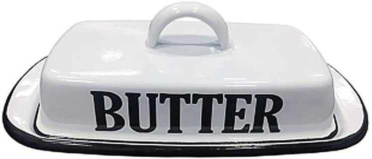 New Country Kitchen Vintage Style White Enamel Covered Butter Dish w/Lid 