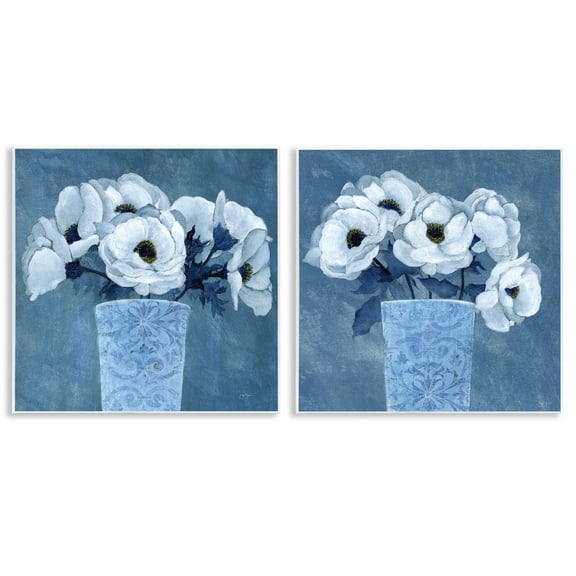 Stupell Industries Magnolia Bouquets on Blue Plants & Flowers Painting Unframed Art Print Wall Art, 12 x 12, Set of 2