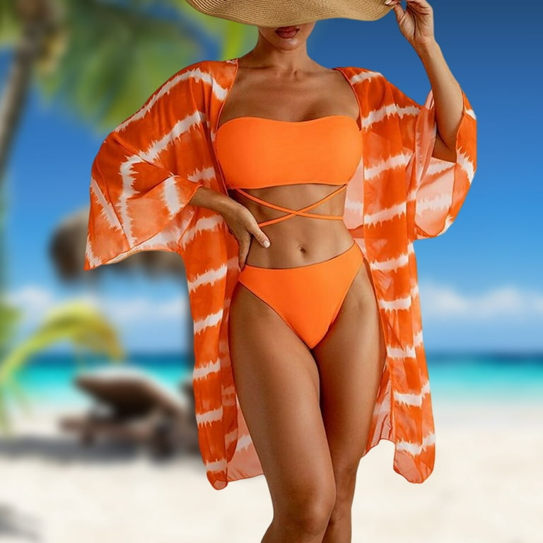 CHAMAIR 3pcs/set Bathing Suits Casual Striped Swim Bikini Set