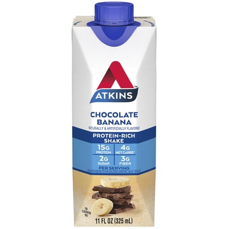 ATKINS CHOCOLATE BANANA PROTEIN SHAKE, HIGH PROTEIN, LOW GLYCEMIC, LOW CARB, LOW SUGAR, KETO FRIENDLY, 4 COUNT