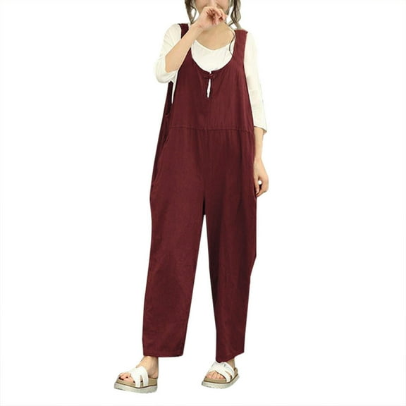 LLYwey Womens Trousers Women Sleeveless Dungarees Loose Cotton Long Playsuit Jumpsuit Pants Trousers Female Dress Pants Long Pant Style H3000 Red M
