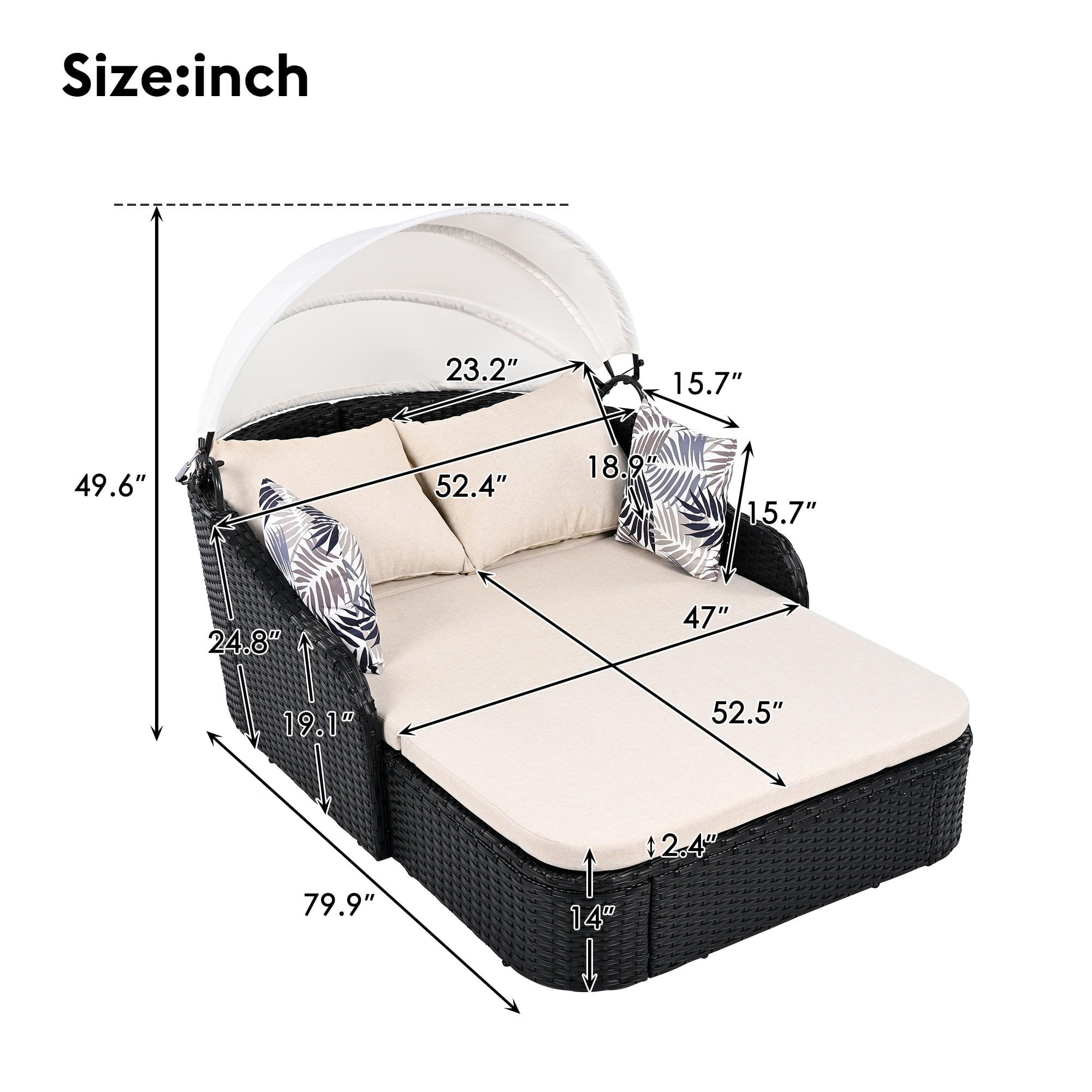 79.9" Outdoor Sunbed with Adjustable Canopy,Patio Chaise Double Lounger Sofa Daybed for Beach Backyard,Beige&Black