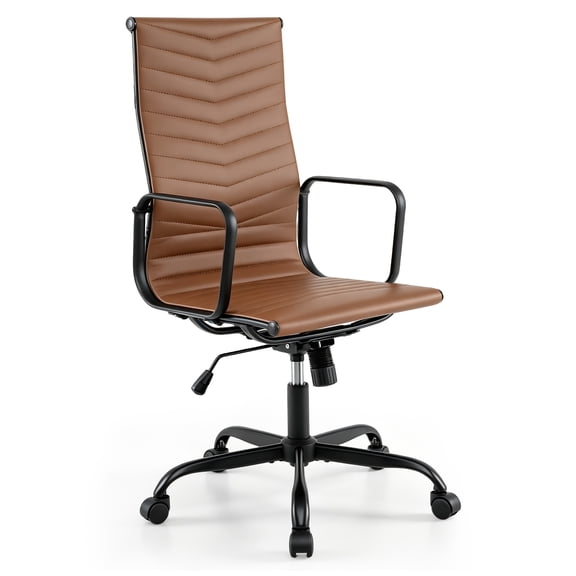 Costway Ribbed Office Chair High Back PU Leather with Adjustable Height Armrests for Office Brown