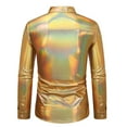 thumbnail image 3 of Wyobmus Men's Metallic Drees Shirt Stretch Solid Long Sleeve Button Down Shirts Vintage 70s Lapel Disco Shirt for Hippie Nightclub Business Prom Party Wedding Blouse C-Gold, 3 of 7