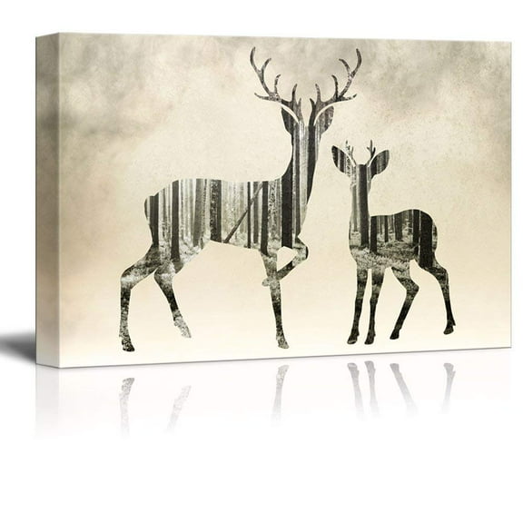 wall26 - Canvas Wall Art - Double Exposure Deers and Trees | Modern Giclee Print Gallery Wrap Home Art Ready to Hang - 12x18 inches
