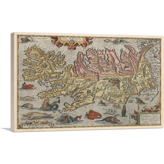ARTCANVAS Map of Iceland with Sea Monsters 1585 Canvas Art Print by Abraham Ortelius - Size: 12" x 8" (0.75" Deep)