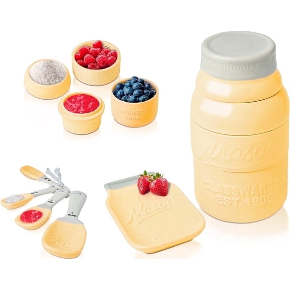 Comfify Mason Jar Ceramic Kitchenware Set with 4 Measuring Cups, 4 Measuring Spoons & Spoon Rest, Yellow, Baking & Cooking Tools
