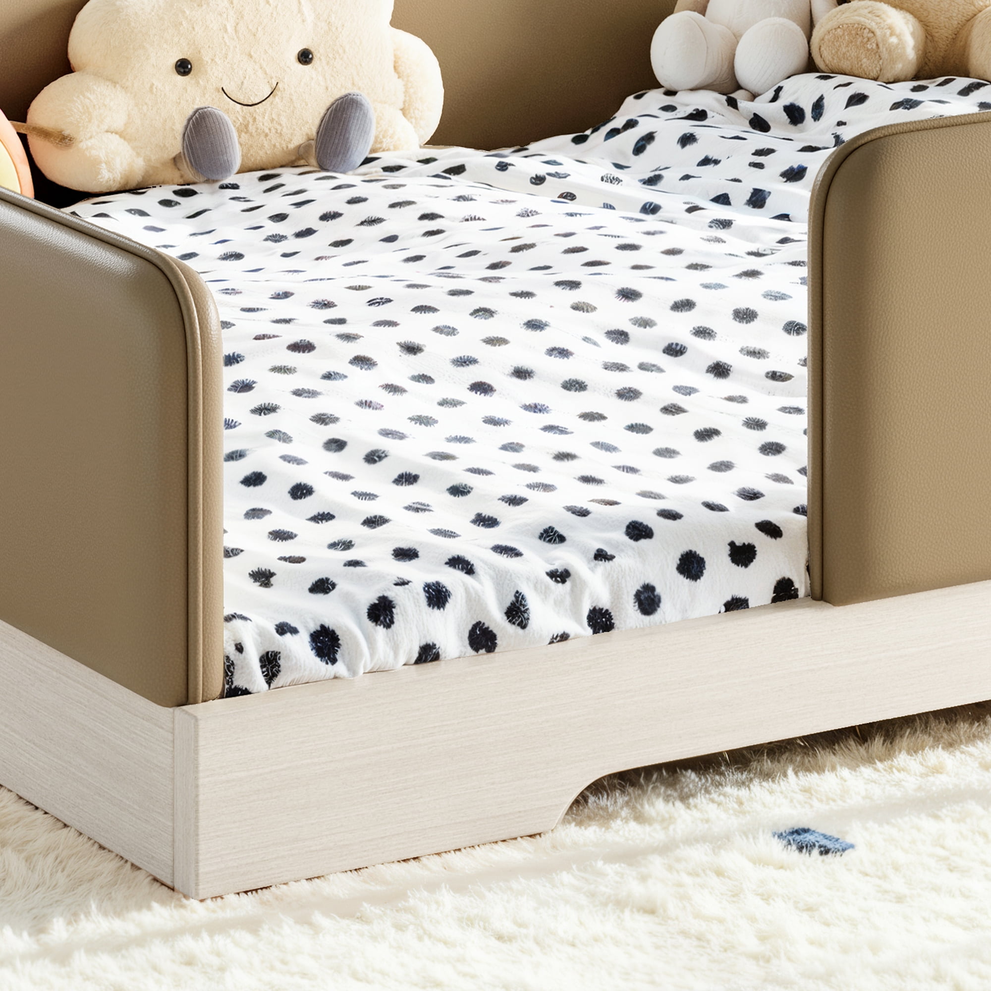Queen Upholstered Floor Bed 82.68 Inch, Faux Leather Montessori Bed with Removable Guardrails, Low Profile Platform Bed for Kids, Brown