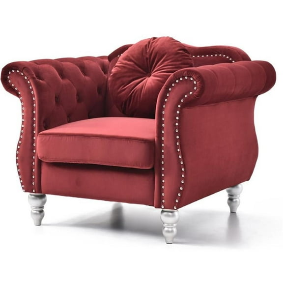 Maklaine Transitional Tufted Velvet Chair in Burgundy Finish