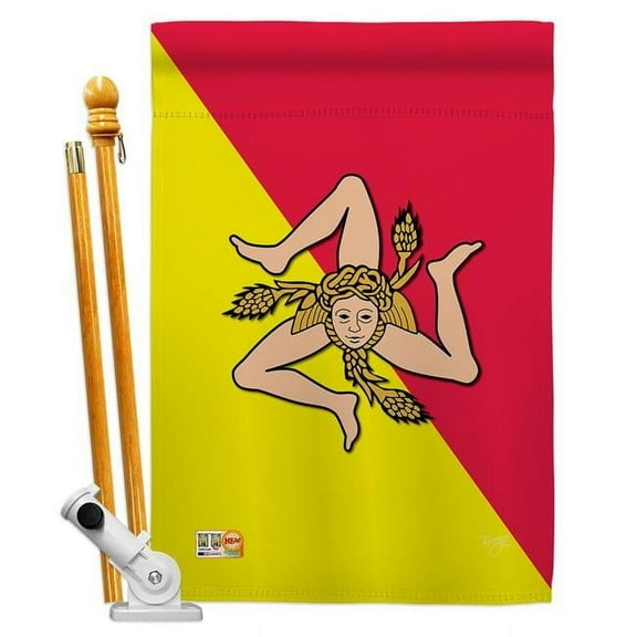 Breeze Decor BD-CY-HS-108181-IP-BO-D-US13-BD 28 x 40 in. Sicily Flags of the World Nationality Impressions Decorative Vertical Double Sided House Flag Set with Pole Bracket & Hardware