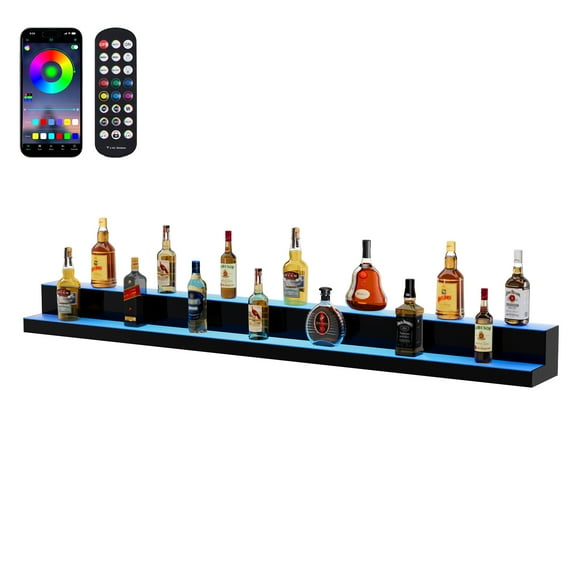 VEVOR LED Lighted Liquor Bottle Display, 2 Tiers 72 Inch Commercial Illuminated Home Bar Shelf, 2 Steps Whiskey Rack Stand, Acrylic Drink Shelves with RF Remote & App Control,and Multicolor lighting