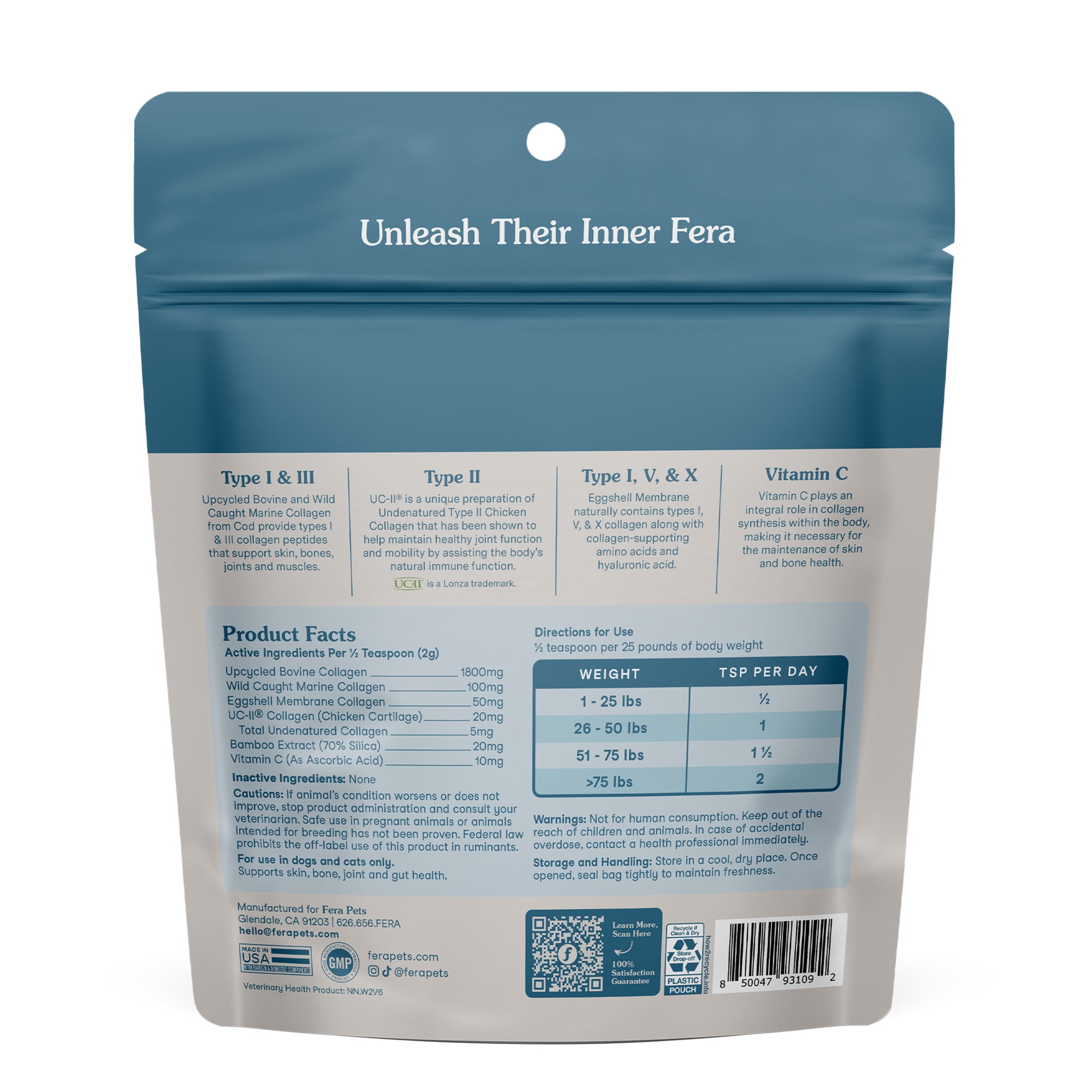 Fera Pets Collagen for Dogs & Cats - With UC-II® - Supports Skin, Joint, Bone & Gut Health - 4.23 oz