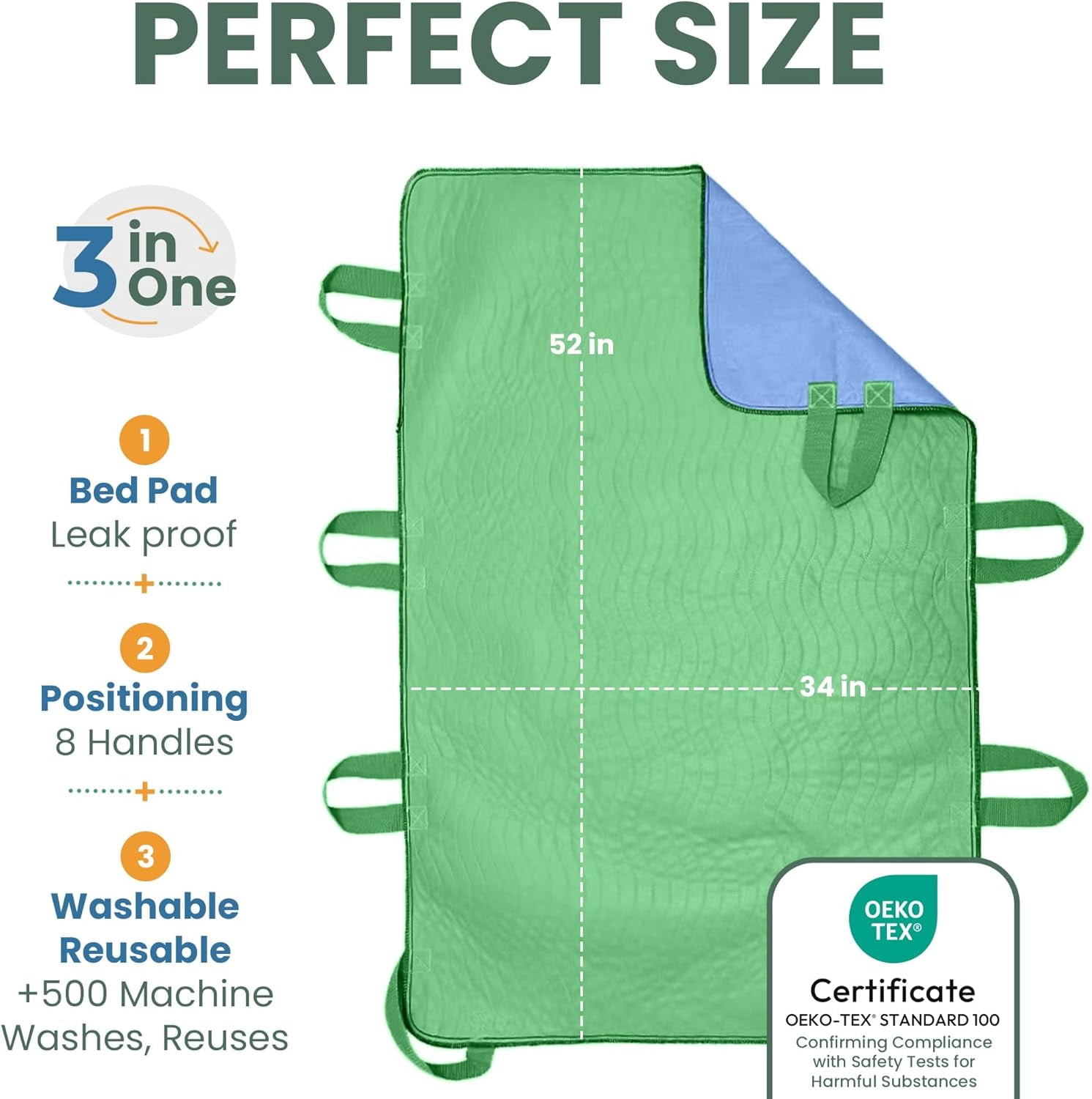 Premium Absorbent Positioning Bed Pad 34" X 52" with Handles Patient Transfer Sheet Bed Pads Washable Waterproof Bed Wetting Pads Absorbency Reusable Incontinence Pads for Adults Washable Protector