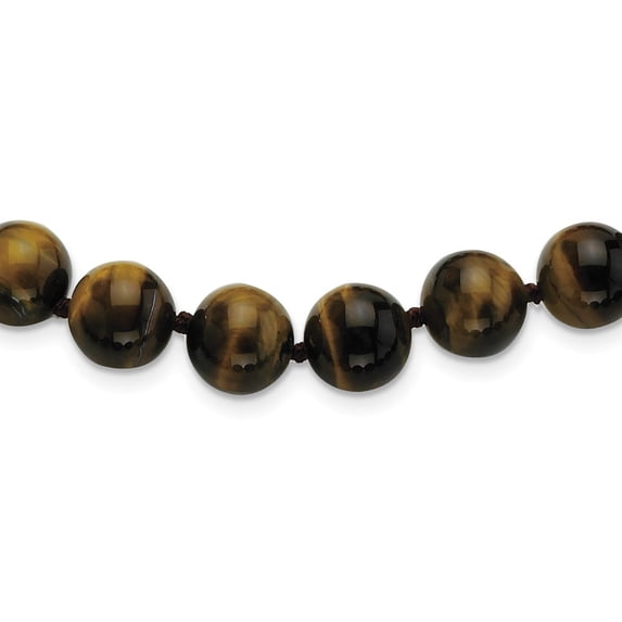 White Sterling Silver necklace Beaded Tiger's Eye Brown 18 in 11 mm
