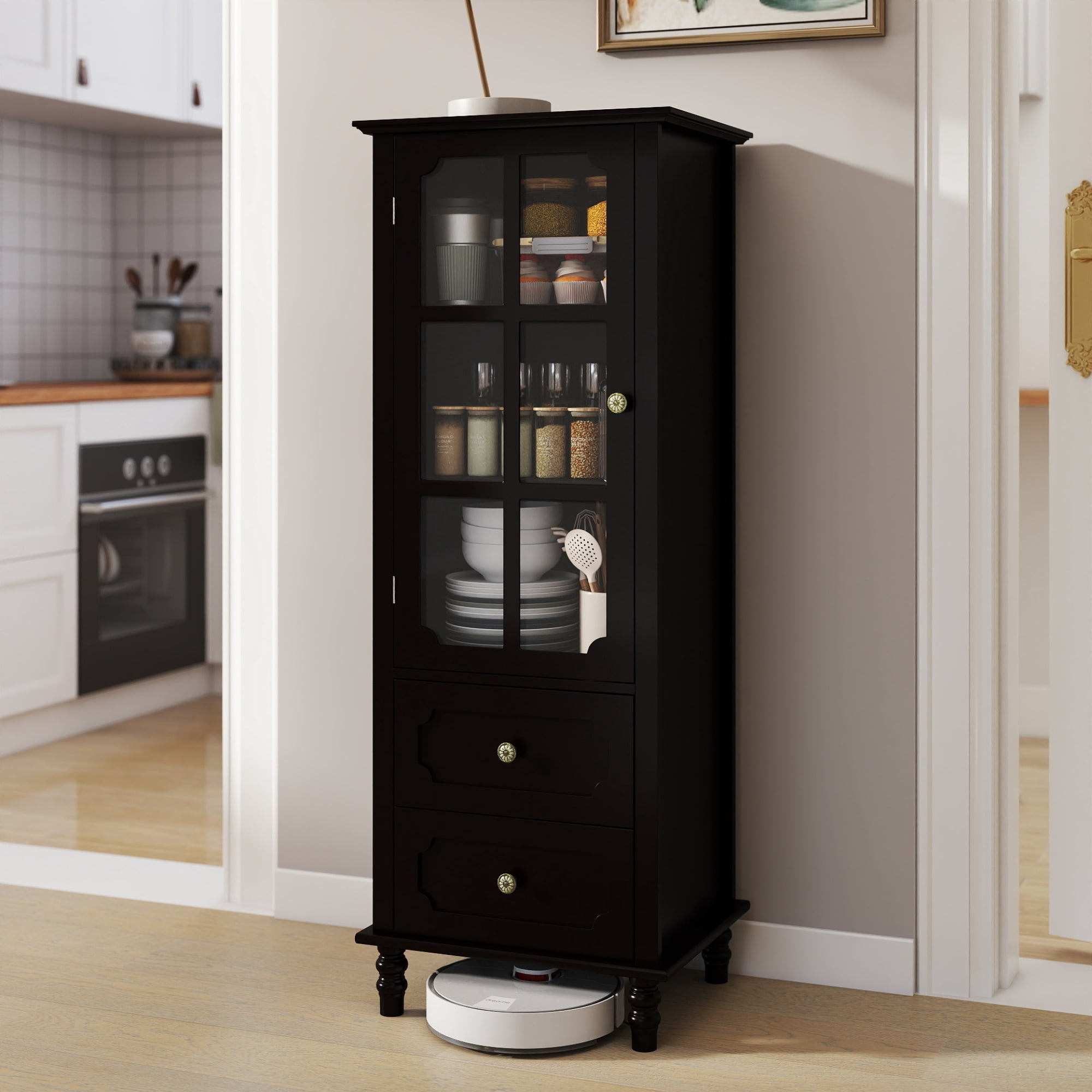 Leumius Minimalism Buffet Cabinet with Glass Doors and Double Drawer, Modern Wooden Storage Sideboard Cupboard for Living room Dining Room Hallway Entryway Black