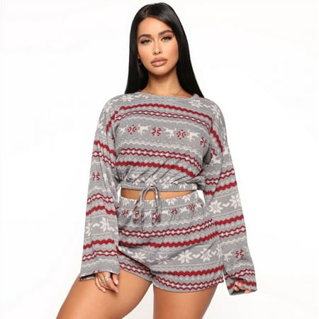

hirigin 2 Pcs Lady s Christmas Pajamas Set+Long Sleeve Casual Pullover+ Loose Shorts