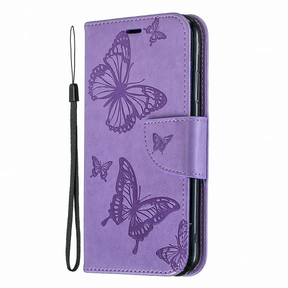 Allytech iPhone Xr Case (6.1"), Slim Fit PU Leather Folio Butterfly Embossed Shockproof Wrist Hand Strap Flip Cards Holder Wallet Case TPU Back Cover for Apple iPhone XR, Violet