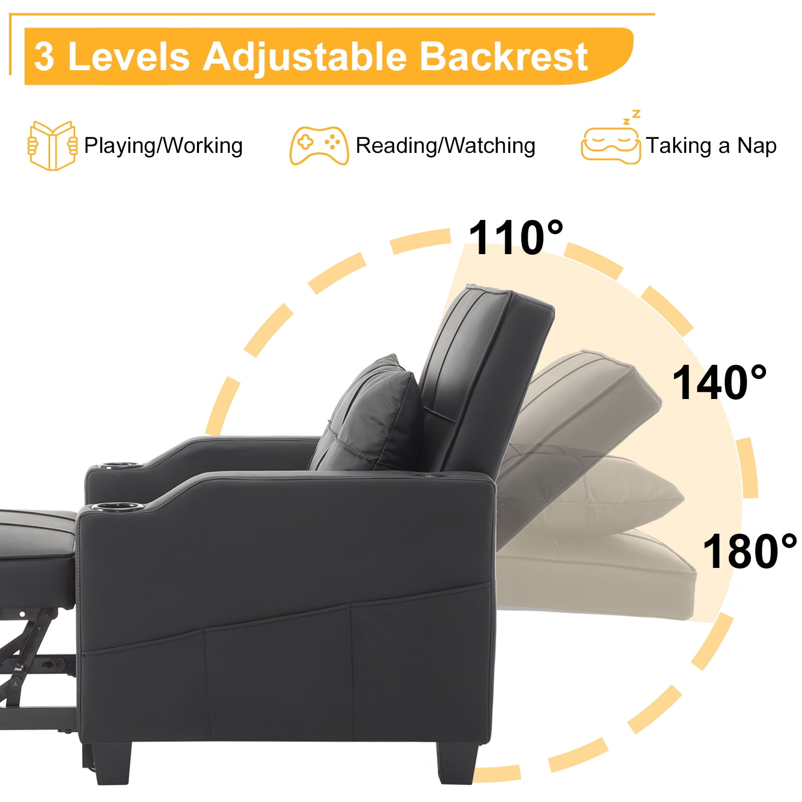 Ktaxon Sleeper Sofa Bed Convertible Chair Tech Fabric 3-in-1 Futon Sofa with Lumbar Pillow for Living Room Bedroom Office Apartment Furniture Black