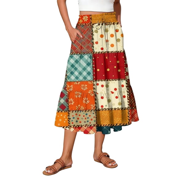 Delconic Women’s Patchwork Patterned Maxi Skirt with Elastic Waistband and Tiered Hem for Casual Everyday Wear Saffron 2XL