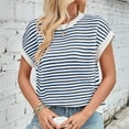 thumbnail image 4 of Elvqul Cotton Tops for Women Round Neck Sweater Blue Pull on Stripe Print Fashion Juniors Short Sleeve Tops, 4 of 7