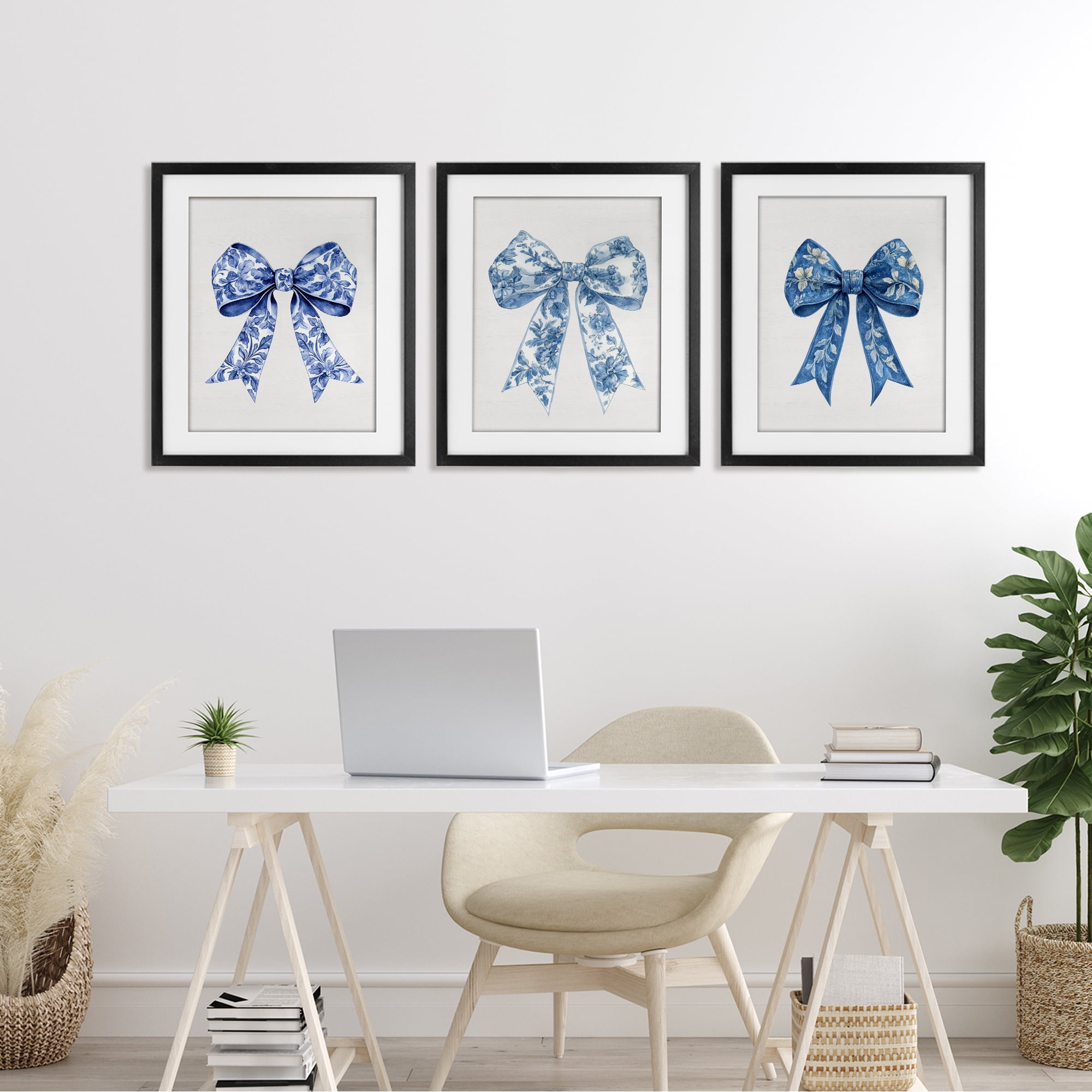 Vintage Toile Pattern Bows 3 Piece Black Framed Print Under Glass Set, design by Lettered and Lined