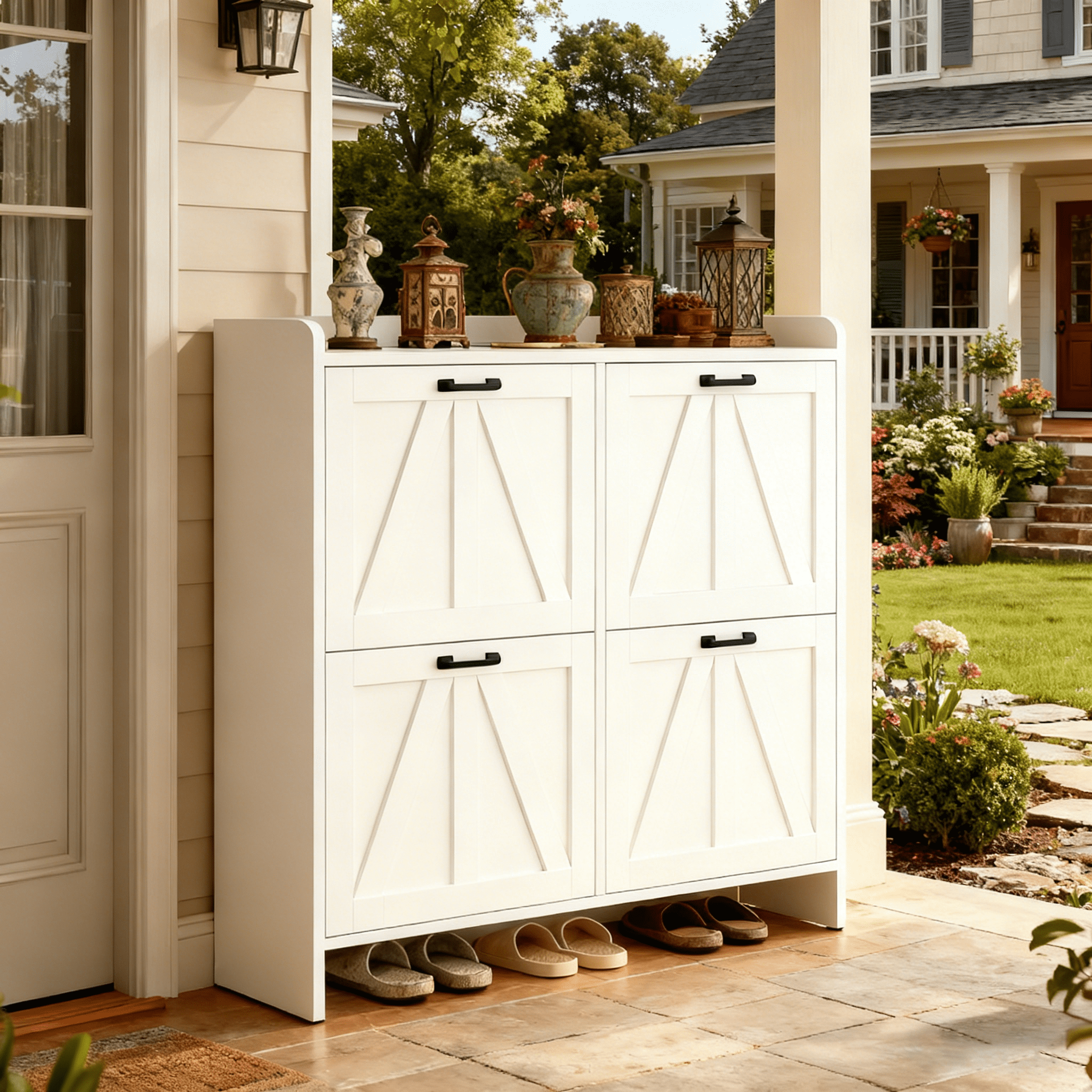 Modern Barn Door Shoe Cabinet with 4 Flip Drawers, Slim Space-Saving Entryway Storage Organizer with Top Open Shelf & 4.3" Bottom Gap for Hallway Living Room