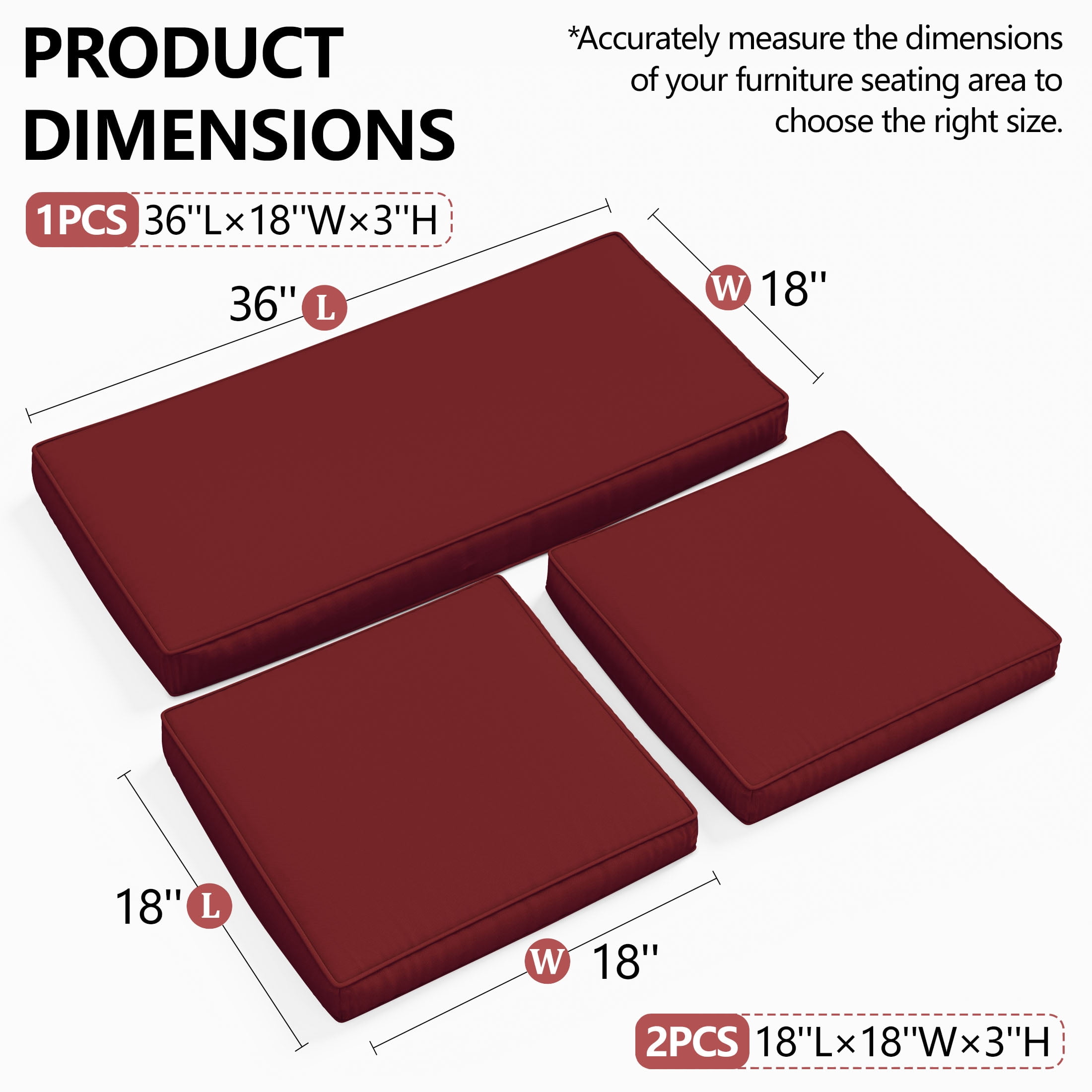 Snubbull 3 Pack Loveseat Cushion Set, 36" x 18" x 3" Waterproof Outdoor Chair Replacement Cushions for 4-Seater Wicker Rattan Patio Furniture, Burgundy