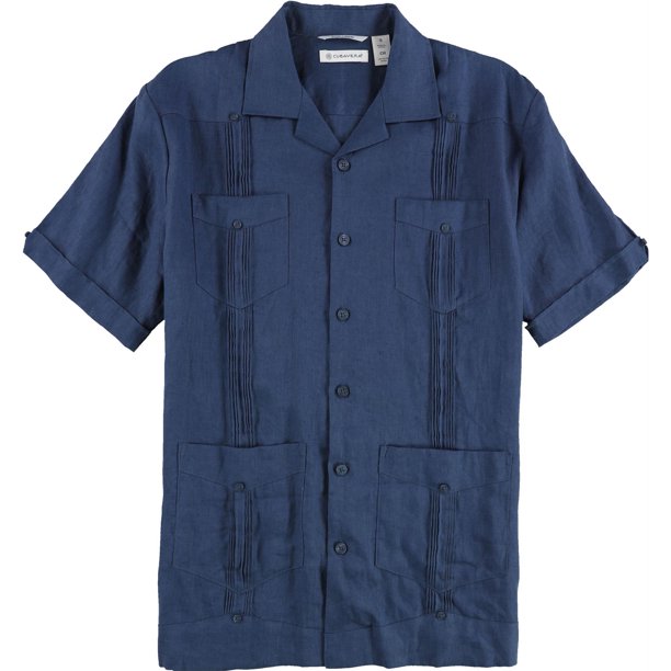 CubAvera Mens Linen 4 Pocket Guayabera Button Up Shirt, blue, S Neck