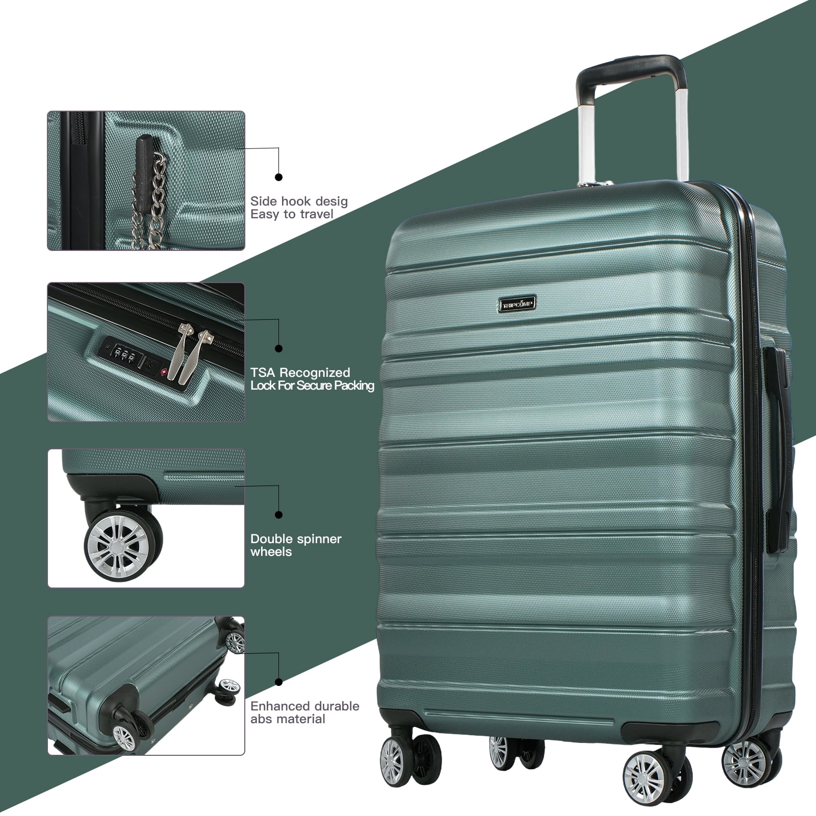 Tripcomp Hardside Luggage Set 3-Piece Set (21/25/29) Lightweight Suitcase 4-Wheeled Suitcase Set(Green)