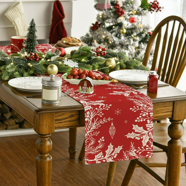 Merry Christmas Linen Table Runner Dresser Scarves Winter Snow Xmas Tree Snowman Snowflake Table Runners For Dinning Table Kitchen Decor Holiday Dinner