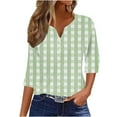 thumbnail image 2 of Ladies' Loose Fit Casual Checkered V Neck 3/4 Sleeve Quarter Sleeve Shirt Blouse Top, Relaxed Fit Tunic, Breathable Cotton, Spring Summer Fashion | CSEONE,Green XL, 2 of 7