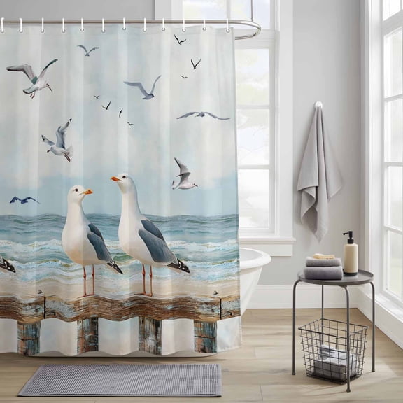 Bathroom Shower Curtain Summer Beach Bird Seagull Waterproof Shower Curtains with Hooks, Ombre Ocean Retro Fence Bath Curtains Bathtub Curtain Home Decor 36x72in