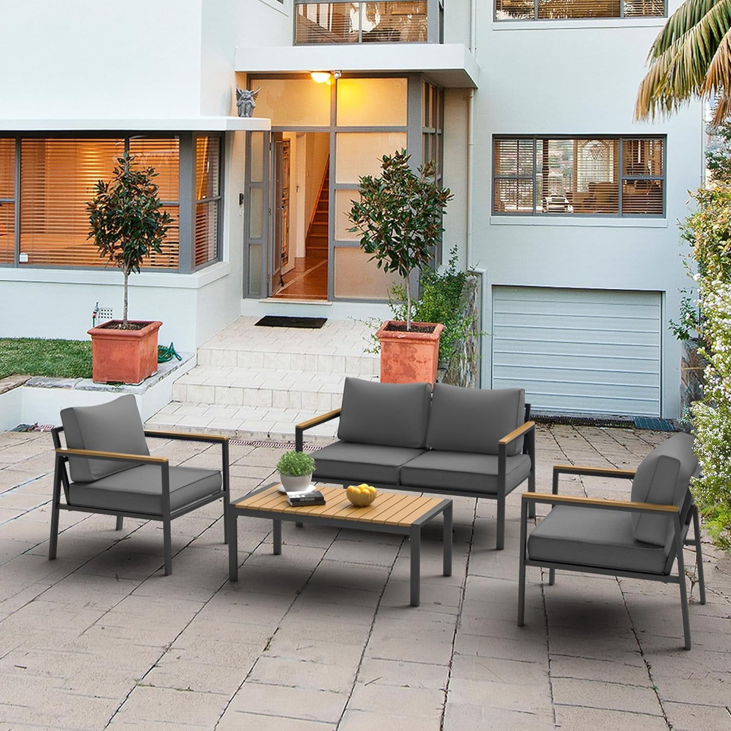 Aluminum Patio Furniture Set 4 Pieces Patio Conversation Set Outdoor Sectional Sofa with Thicken Cushion and Plastic-Wood Coffee Table, Patio Sets Fits Garden Backyard Balcony (Grey)